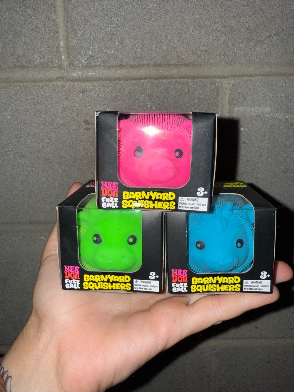 Nee Doh Barnyard Squishers - Pink pig, Green cow & Blue goat Fuzz Balls (3 Pack)